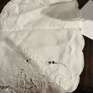 Vintage white linen table runner floral embroidery and Cutwork